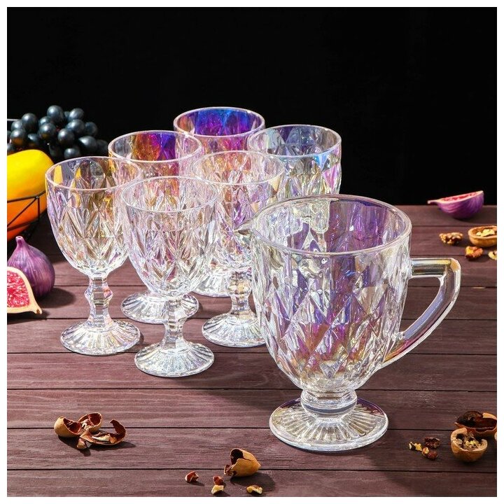 Набор питьевой из стекла «Круиз», 7 предметов: кувшин 1,1 л, бокалы 300 мл, 6 шт, цвет перламутровый