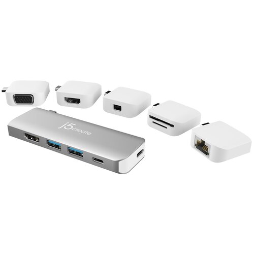 Модульная док-станция j5create ULTRADRIVE Kit USB-C. Порты док-станции: USB-C PD 3.0, USB-C 3.1, HDMI, USB-A 3.1 x 2. Порты модулей: 4K HDM, 4K Mini D