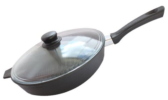 Сковорода-гриль Камская Посуда литая чугунная 280х60 с бакелитовой ручкой со стеклянной крышкой (г8062)