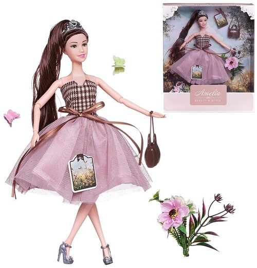 Кукла ABtoys "Летний вечер" с диадемой в платье с двухслойной розовой юбкой, темные волосы 30см PT-01632