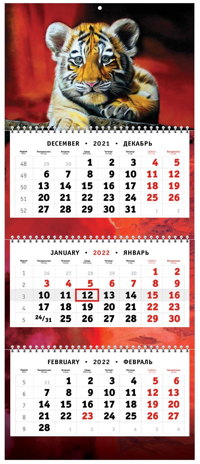 Календарь квартальный трехпружинный на 2022 год - Символ года - Год тигра - Ласковый и нежный зверь