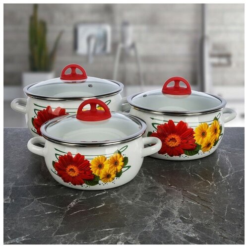 фото Набор кастрюль «александра», 3 шт: 2 л, 3 л, 4 л, стеклянные крышки mikimarket