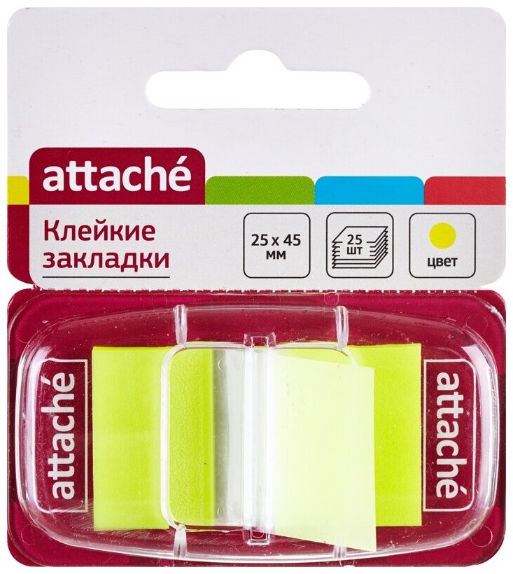 Клейкие закладки Attache пластиковые, 1 цвет по 25 листов, 25х45 мм, желтый