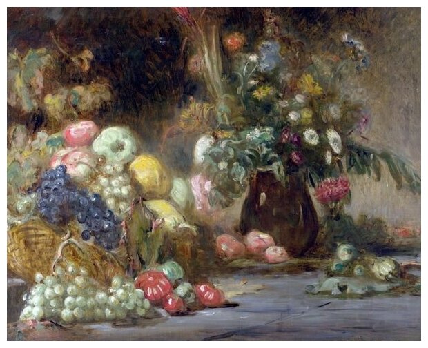 Репродукция на холсте Натюрморт с фруктами и цветами (Still Life with Fruit and Flowers) Андрие Пьер 37см. x 30см.