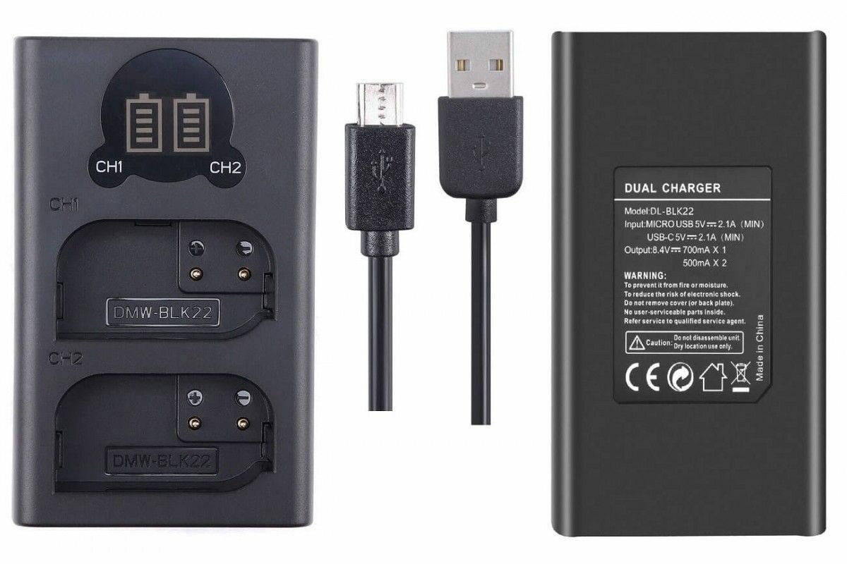 Двойное зарядное у-во DL-DMW BLK22 Micro и Type-C USB Charger с инфо индикатором для Panasonic DMW-BLK22