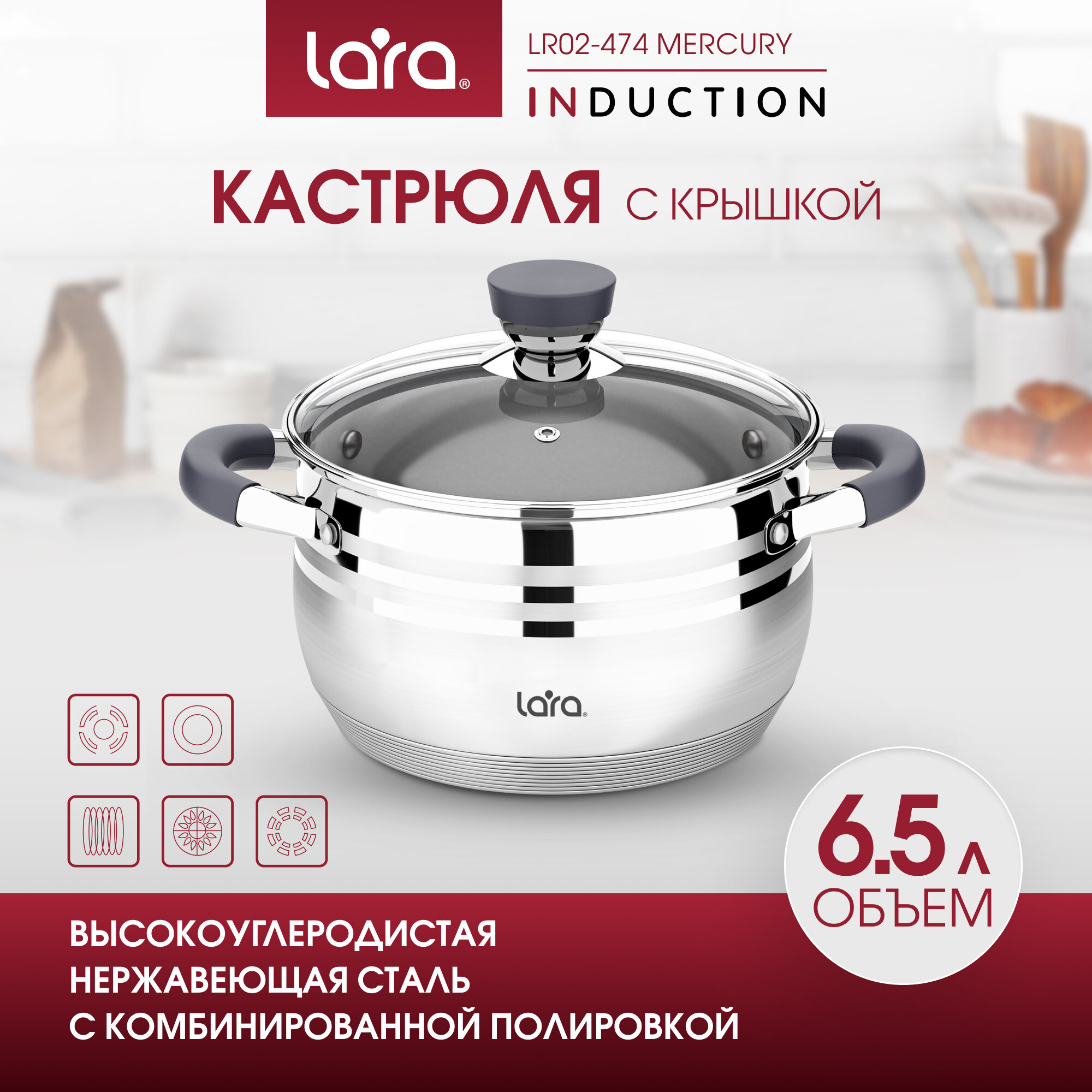 Кастрюля LARA (нерж) MERCURY 24см, 6,5л, стал.ручки, капсул индук дно, жароп.крышка (LR02-474)