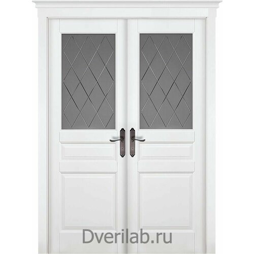 Массив ОКА Межкомнатная двустворчатая дверь массив ольхи Валенсия белая эмаль со стеклом