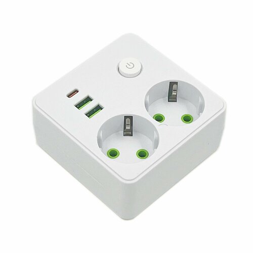 Сетевой фильтр разветвитель розетки, сетевой фильтр двойник, 2 USB, 2 розетки, 1 USB Type C, выключатель на корпусе, белый