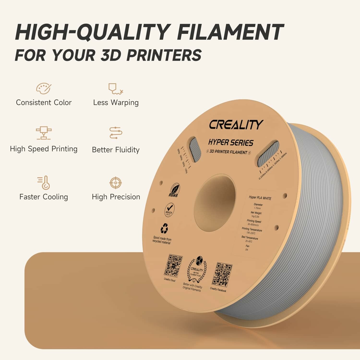 Филамент Creality Hyper Series PLA 1.75 мм, 1 кг, для 3D-принтера, точность ±0.02 мм, белый — фото 1