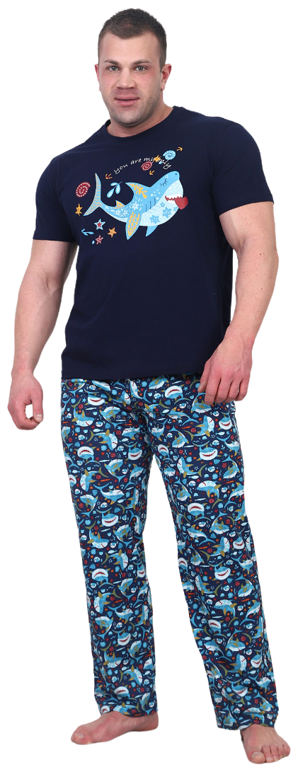 Мужская пижама футболка и брюки Рыбка моя Синий размер 58 Кулирка Оптима трикотаж футболка с коротким рукавом брюки с карманами - фотография № 1