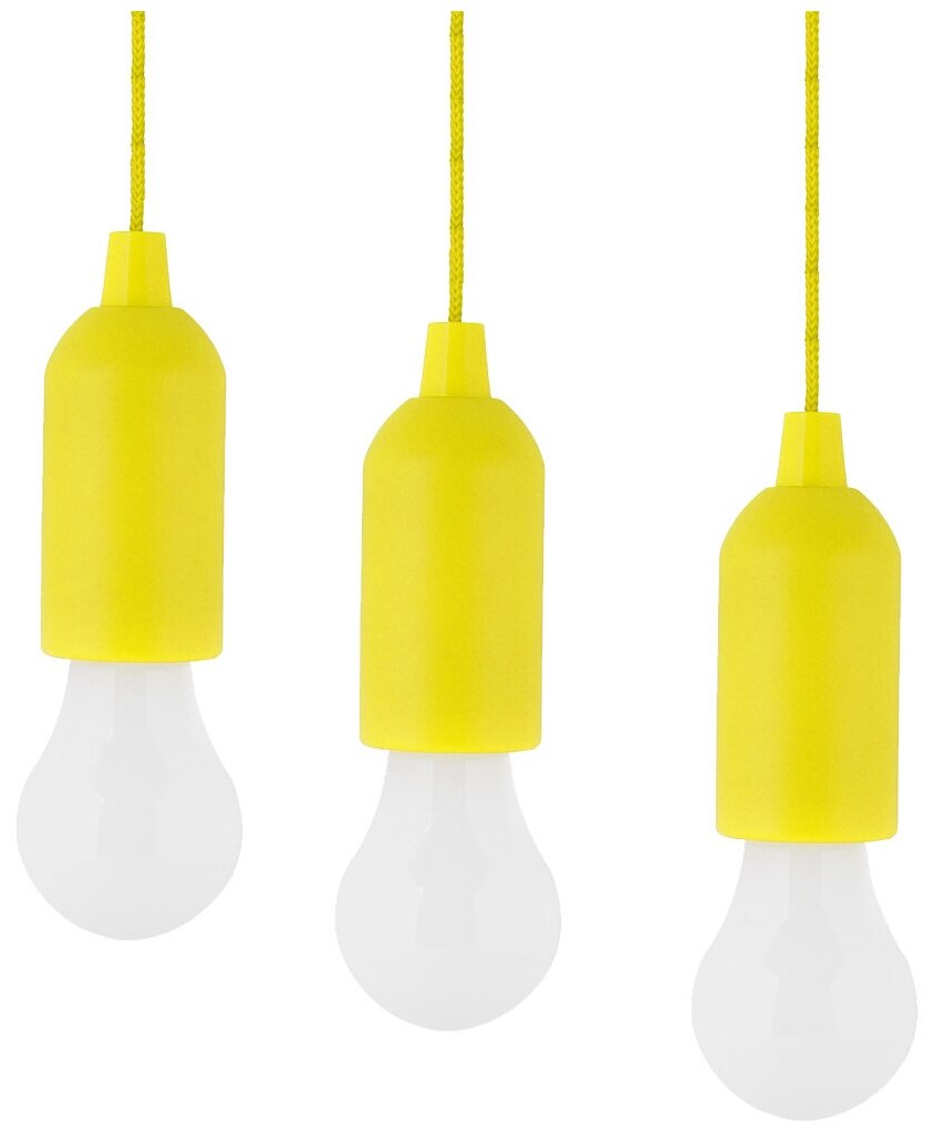 Набор из 3-х желтых лампочек на веревке / Лампа в шкаф на батарейках / Светильник беспроводной на веревке