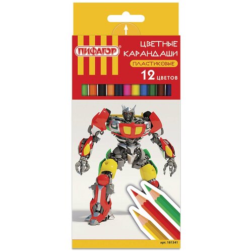 фото Карандаши цветные пифагор "боевой робот", 12 цветов, пластиковые, классические заточенные, 181341 2 уп
