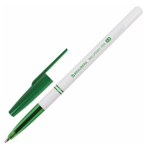 Ручка шариковая BRAUBERG Офисная зеленая корпус белый узел 1 мм линия письма 0 5 мм, 48 шт