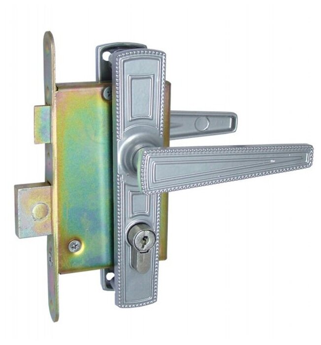 фото Замок врезной Zenit (Зенит) цилиндровый с защёлкой в комплекте с ручкой ЗВ4-3.01 (серебро), 4 кл.