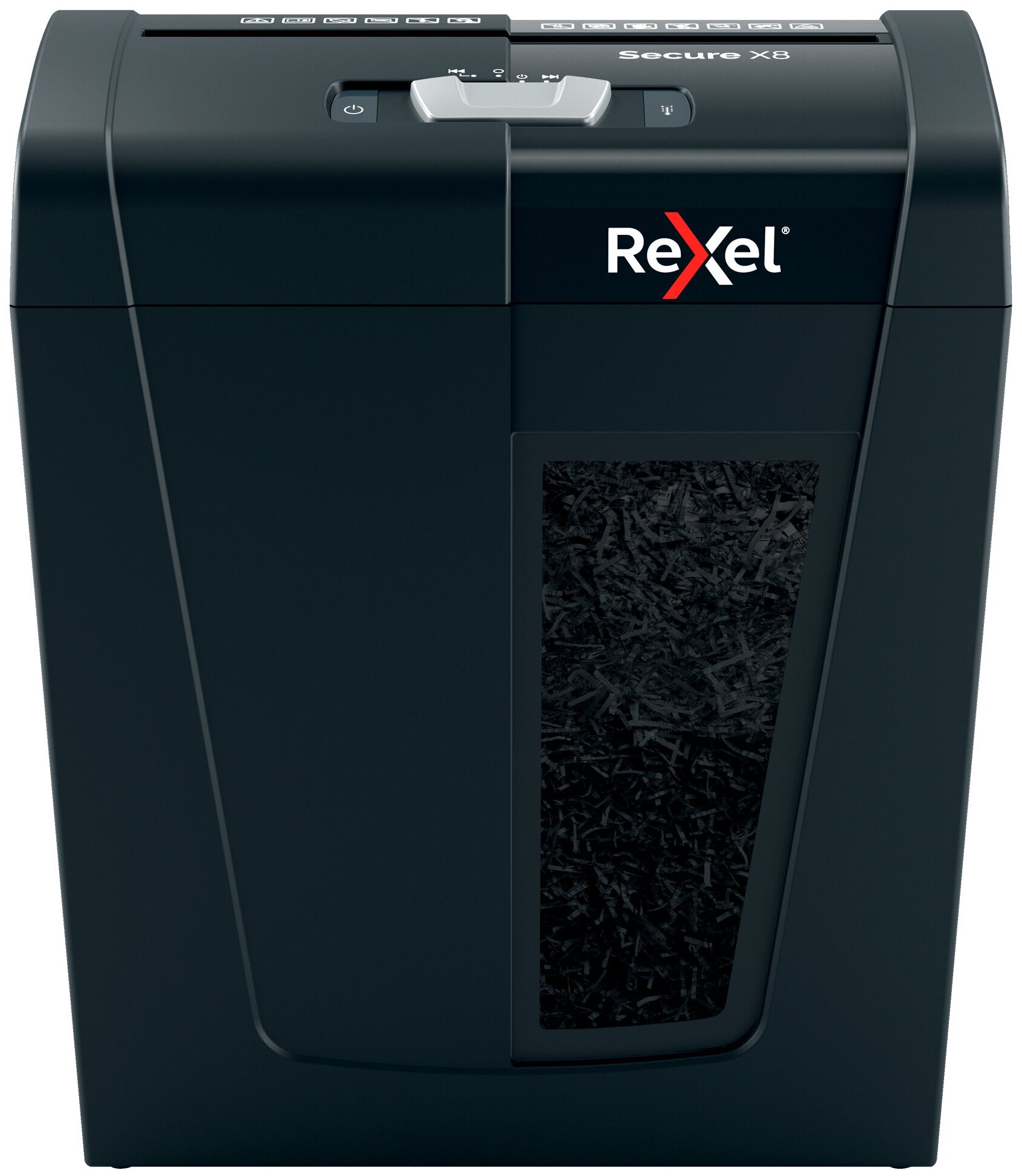 Rexel Шредер Rexel SECURE X8 EU черный (секр. P-4)/фрагменты/8лист./14лтр./скрепки/скобы