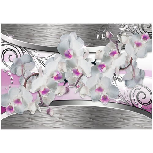 Фотообои Уютная стена 3D Орхидеи на серебряном фоне 380х270 см Бесшовные Премиум (единым полотном)