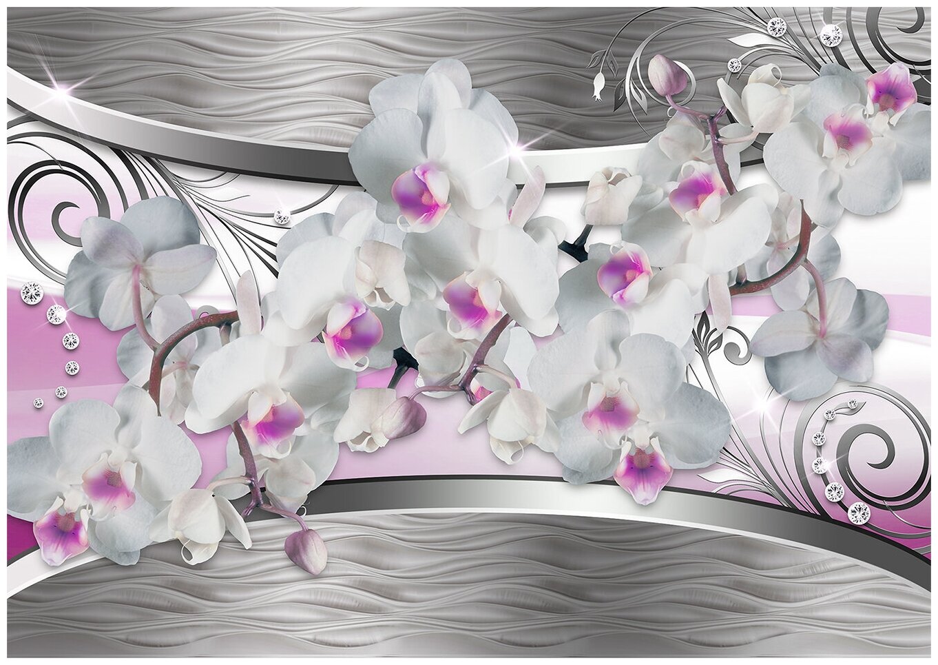 Фотообои Уютная стена "3D Орхидеи на серебряном фоне" 380х270 см Бесшовные Премиум (единым полотном)