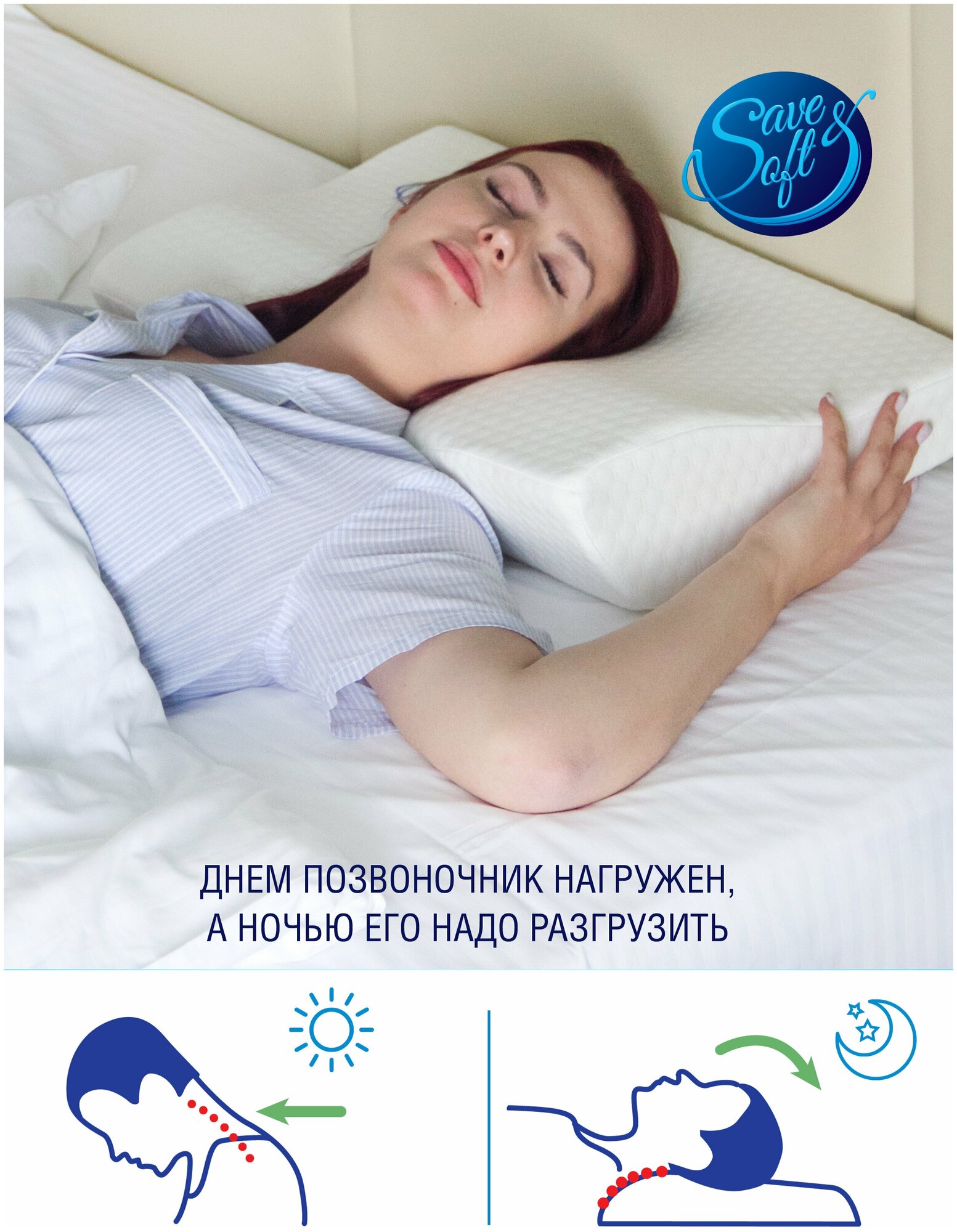 Ортопедическая подушка для сна SAVE&SOFT с валиками 60х40 классическая с эффектом памяти, мемори Memory Foam для шеи и головы, высота 12 см - фотография № 5