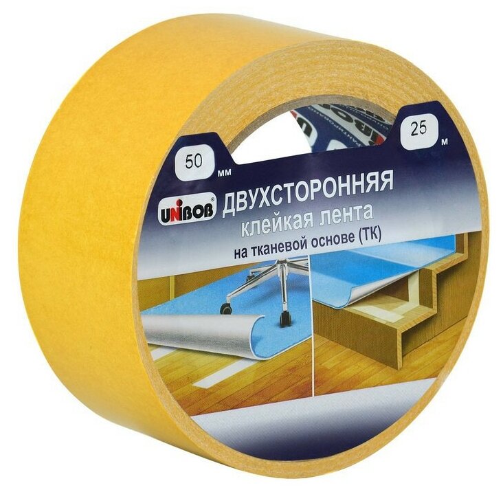 фото Клейкая лента двусторонняя монтажная Unibob на тканевой основе 50 мм х 25 м 683995