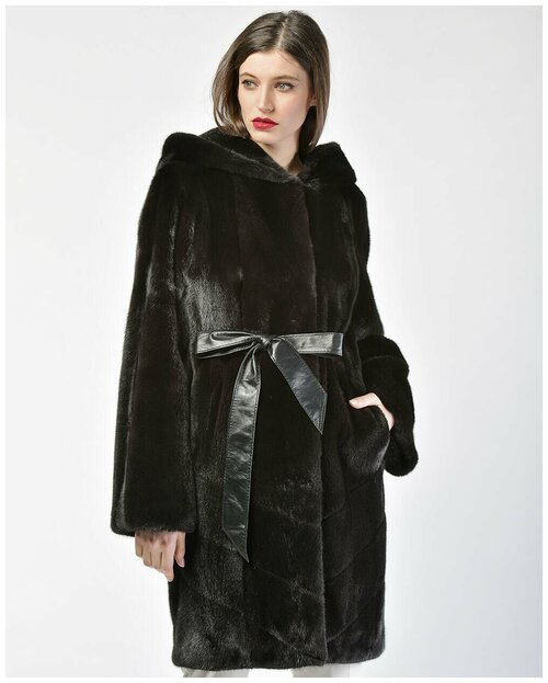 Пальто Manakas Frankfurt, норка, силуэт полуприлегающий, капюшон, пояс/ремень, размер 42, черный