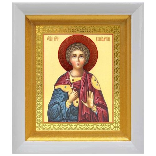 Мученик Вонифатий Тарсийский, икона в белом киоте 14,5*16,5 см