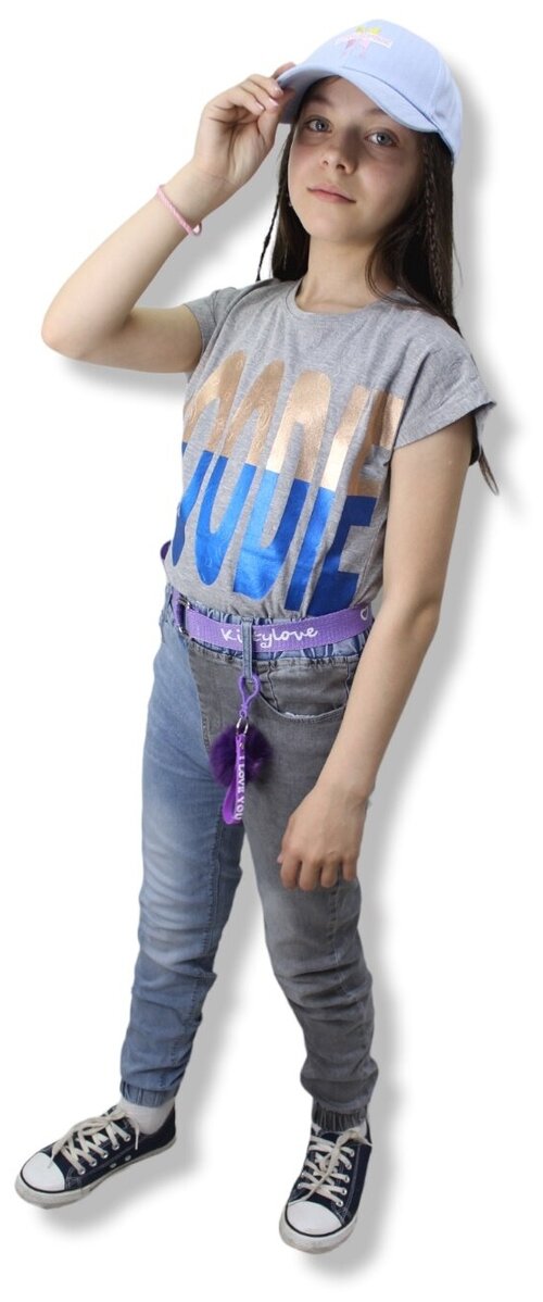 Джинсы джоггеры , свободный силуэт, размер 146, серый, голубой