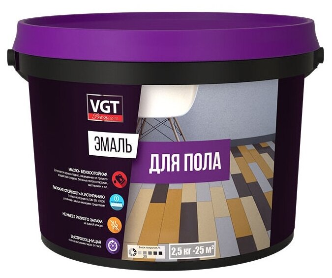 VGT ВД-АК-1179 профи эмаль для пола по дереву и бетону акриловая полуматовая серая (2.5 кг)