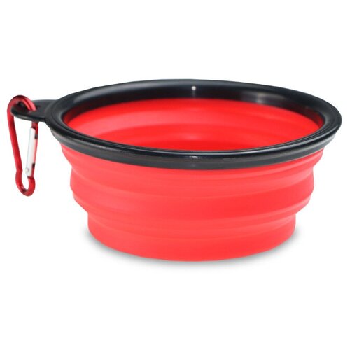 Миска для животных силиконовая складная, 650 мл , дорожная, с карабином, красная.