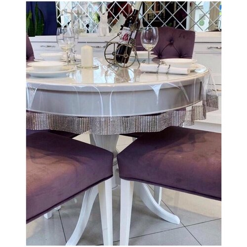 Скатерть силиконовая Pro.Decor, круг 110 см (0,3 мм) серебристая, гибкое стекло, клеенка, пленка ПВХ/ Скатерть для дома, кухни, гостиной, столовой/