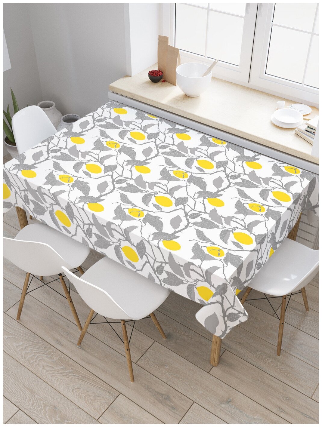 Скатерть прямоугольная JoyArty "Лимоны на ветках" из сатена, 120x145 см