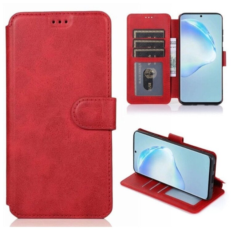 Чехол книжка для Xiaomi Poco M3 кожаный красный с магнитной застежкой
