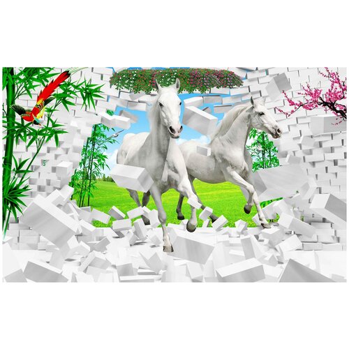 Фотообои Уютная стена Белые лошади пробивают стену 430х270 см Бесшовные Премиум (единым полотном) фотообои уютная стена белые лошади пробивают стену 430х270 см бесшовные премиум единым полотном