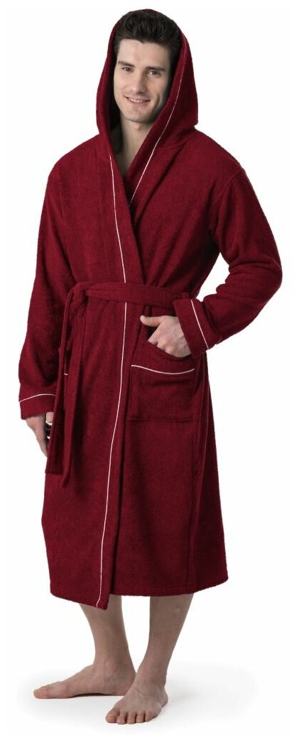 Халат махровый Everliness мужской капюшон+кант, цвет бордовый, размер 62 - фотография № 1