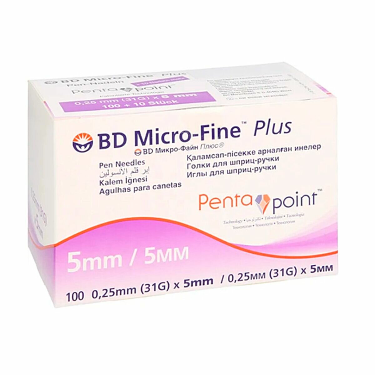 Игла для шприц-ручек BD Micro-Fine Plus (с заточкой Penta Point), 5 мм x 0.25 мм, размер: 31G, 100 шт.