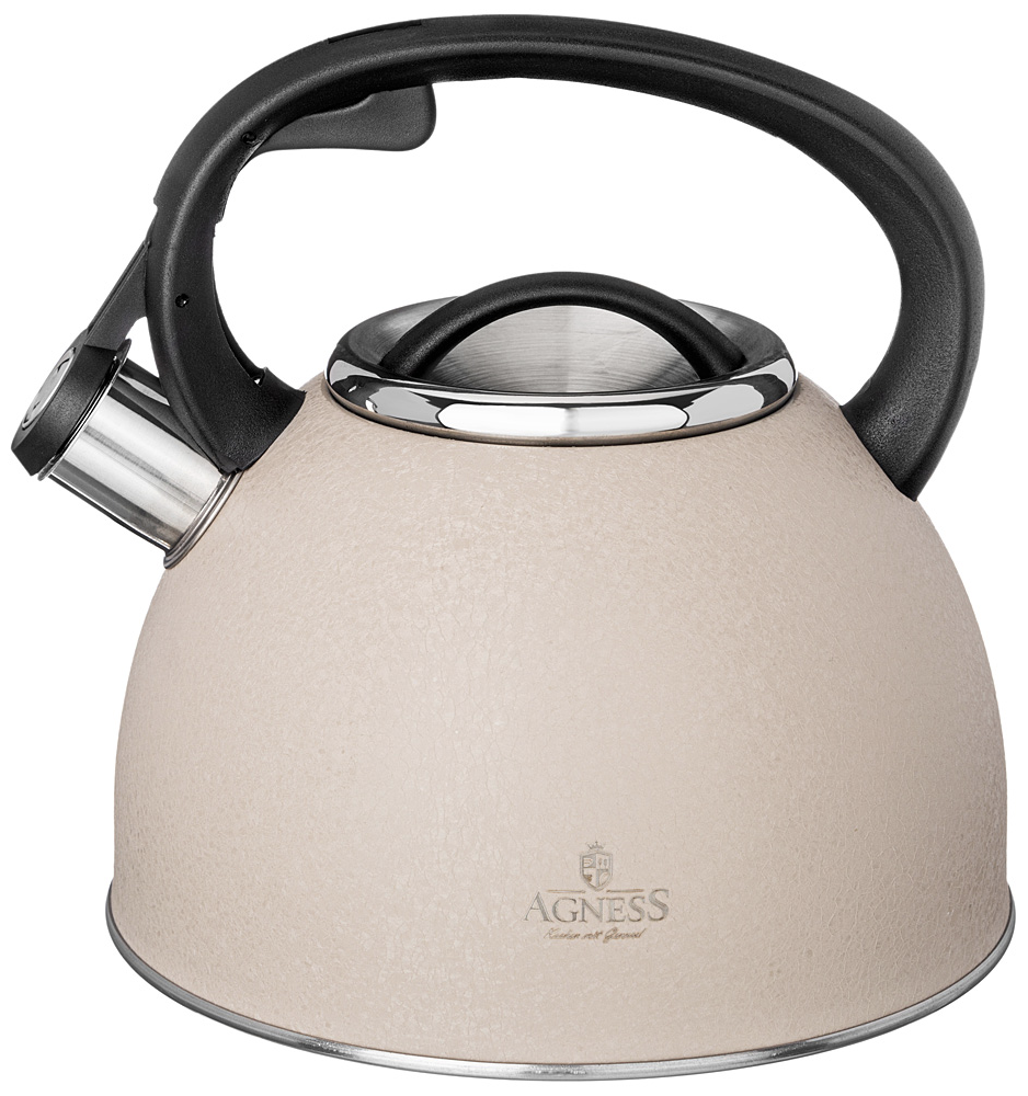 Чайник для плиты Agness / Агнес 907-250 со свитком из нержавеющей стали светло-бежевый 2.5л / кухонная посуда для всех видов плит