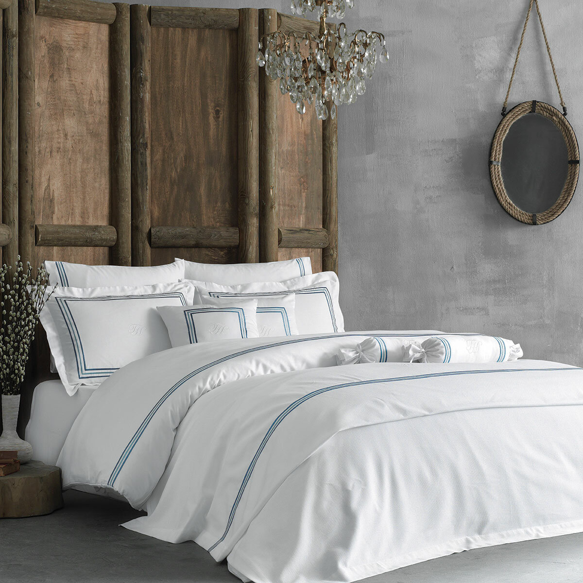 Постельное белье Line nakisli цвет: белый, синий (2 сп. евро) Tivolyo home - фото №1
