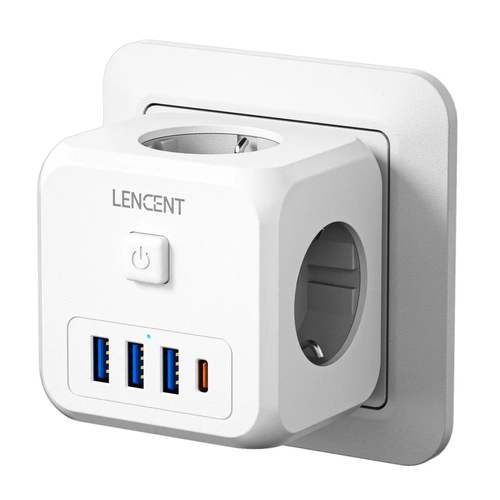 Разветвитель-тройник для сетевой розетки, 3 розетки с 3 USB и 1 Type-C. LENCENT.