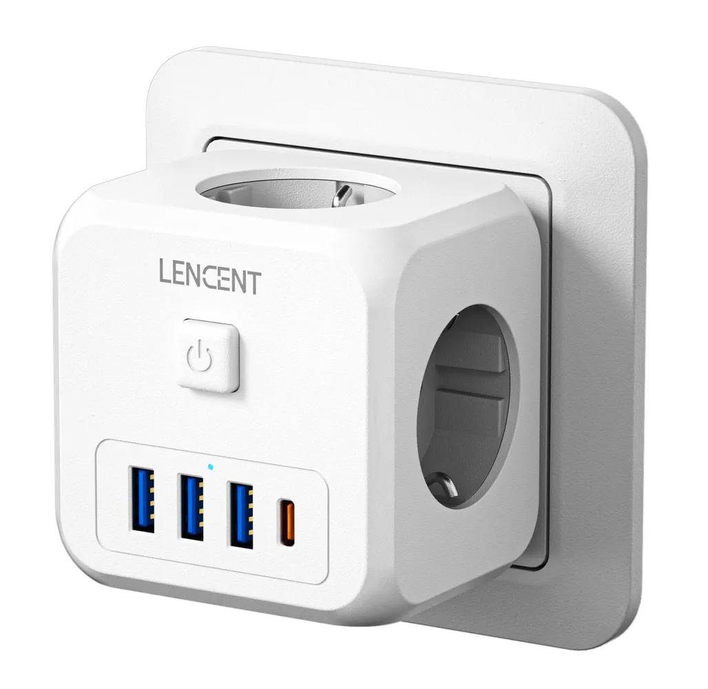 Разветвитель-тройник для сетевой розетки 3 розетки с 3 USB и 1 Type-C. LENCENT.