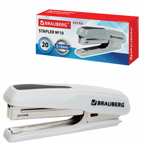 Степлер №10 BRAUBERG "Extra", до 20 листов, антистеплер, серый, 229083 — фото 1