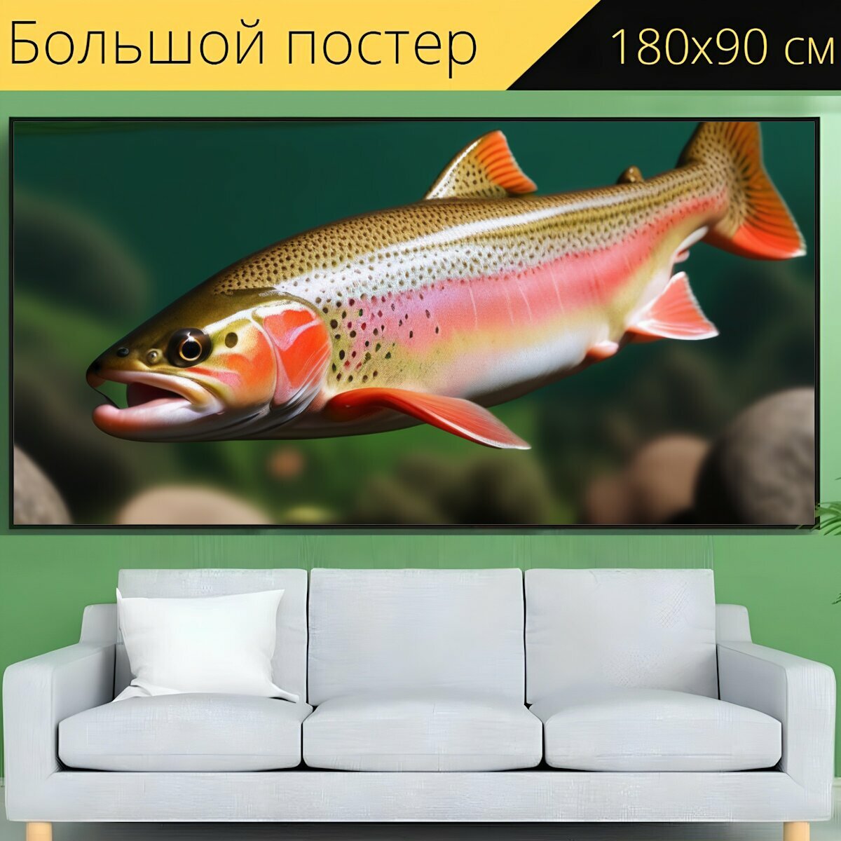 Большой постер любителям природы "Рыбы, форель, на дне" 180 x 90 см. для интерьера на стену