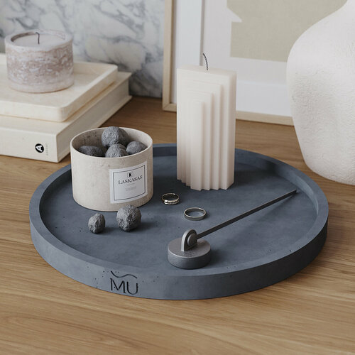 Декоративный круглый поднос, подставка для украшений и свечей, органайзер для мелочей и косметики Lora XXL, 30x30 см, бетон, темно-серый матовый серый, черный