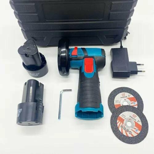 Болгарка беспроводная угловая мини шлифовальная машина, 19500 об/мин с двумя аккумуляторами. Синяя