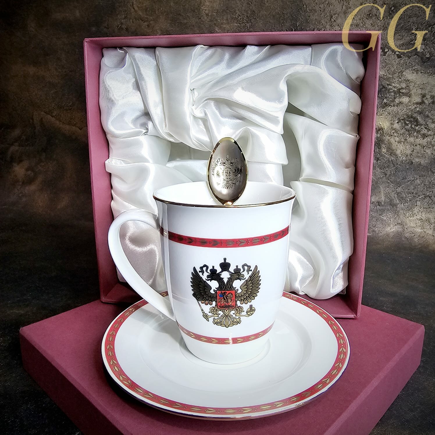 Набор чайный лидер (кружка конус, блюдце, ч/ложечка) Герб РФ