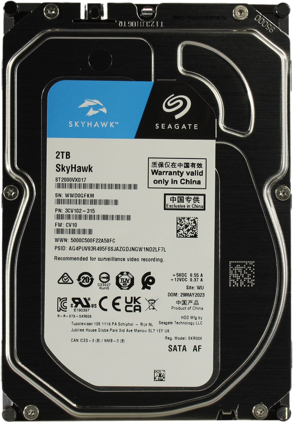 Seagate Жесткий диск 2ТБ Seagate SkyHawk Surveillance ST2000VX017, 5400об./мин, 256МБ (SATA III) (oem)