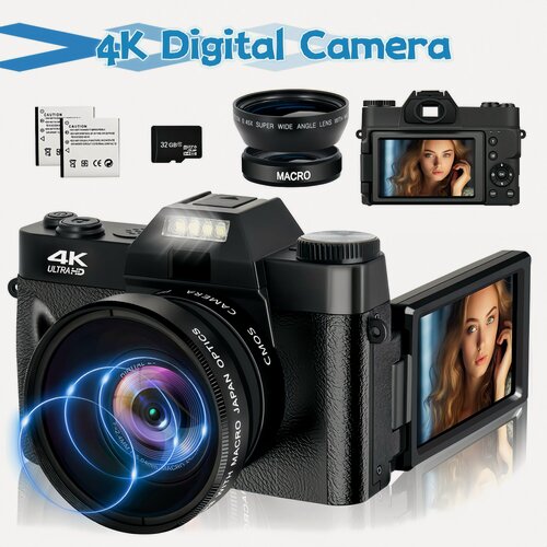 Изображение товара 4K цифровая камера для фотографии и видео, автофокус, 16-кратный зум, 48MP HD камера для влогов с Wi-Fi, анти-шейкинг, компактная видеокамера с 3-дюймовым экраном IPS, поворачивающимся на 180° (32 ГБ SD карта, 2 аккумулятора)
