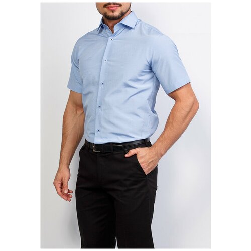 фото Рубашка мужская короткий рукав greg 214/109/02/z/1, полуприталенный силуэт / regular fit, цвет голубой, рост 174-184, размер ворота 38