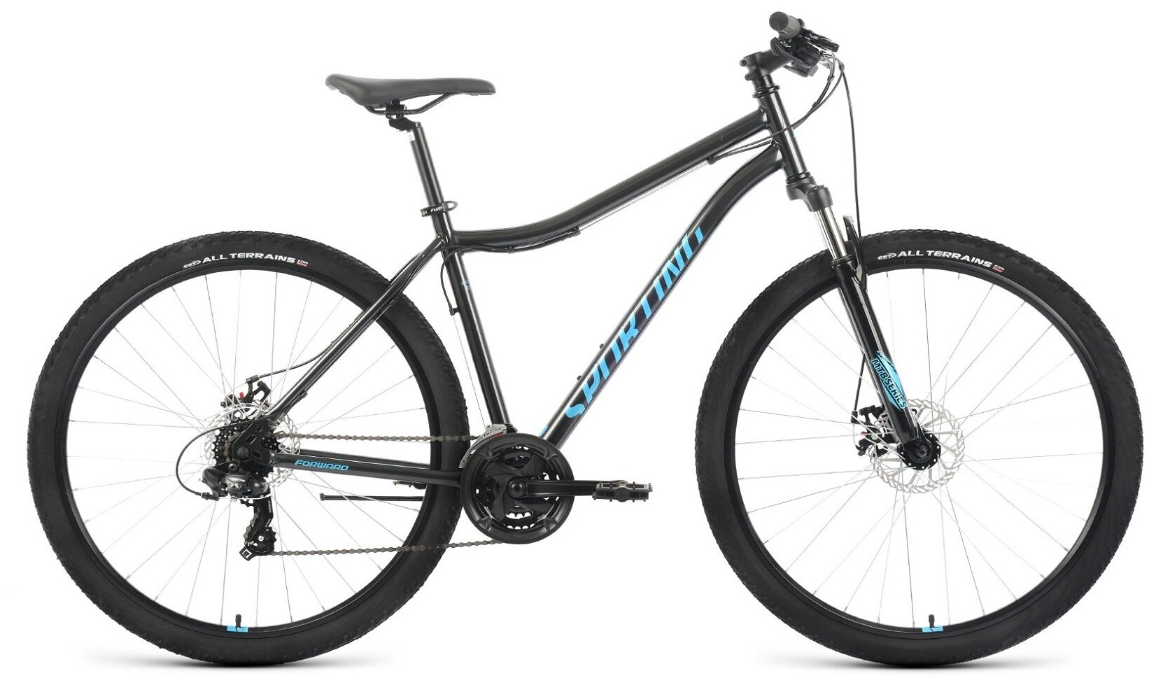 Велосипед FORWARD Sporting 29 2.0 D (2022), горный (взрослый), рама 19", колеса 29", черный/бирюзовый, 15.25кг [rbk22fw29921]