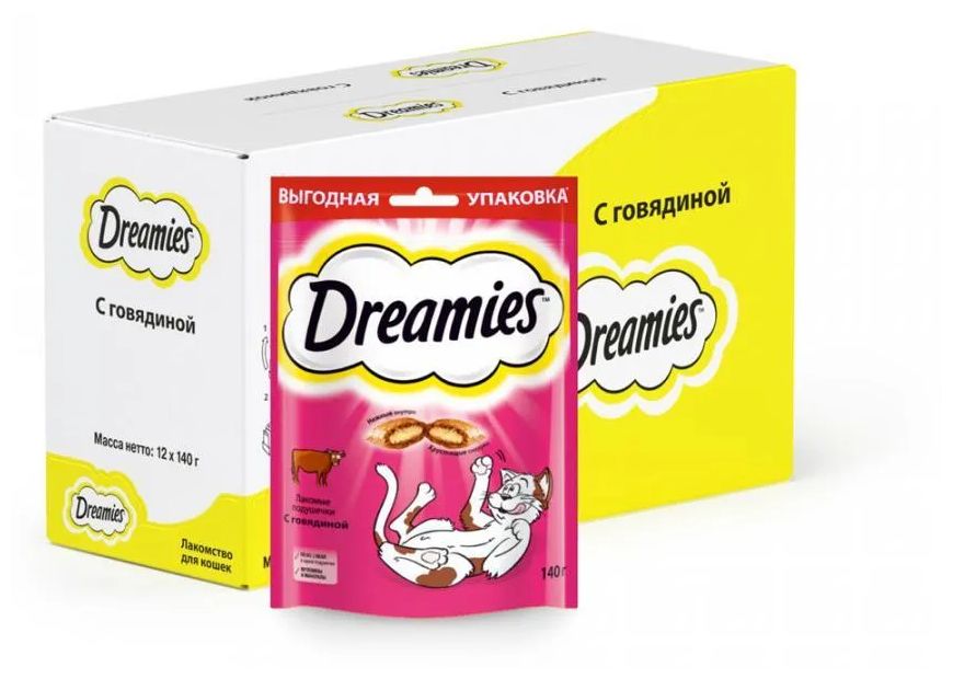 Лакомство для кошек Dreamies, подушечки с говядиной, 140г х 12шт, вкусняшки - фотография № 2