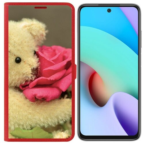 Чехол-книжка / Защитный кейс / Krutoff Eco Book для Xiaomi Redmi 10 Медвежонок с розой (красный)