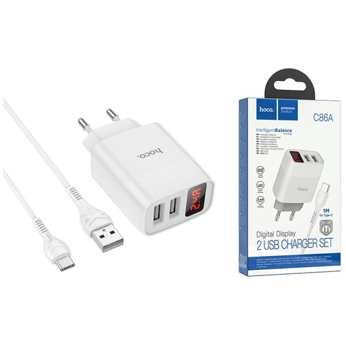 Сетевое зарядное устройство 2USB + кабель Type-C HOCO С86A Illustrious double port charger белый
